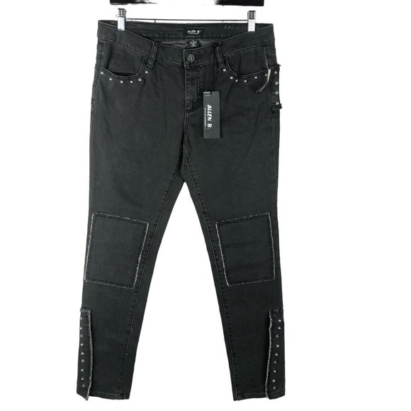ALLEN B Schwartz Black Studded Moto Jeans NWT Women's Size 12 Skinny Stretch - Picture 1 of 10